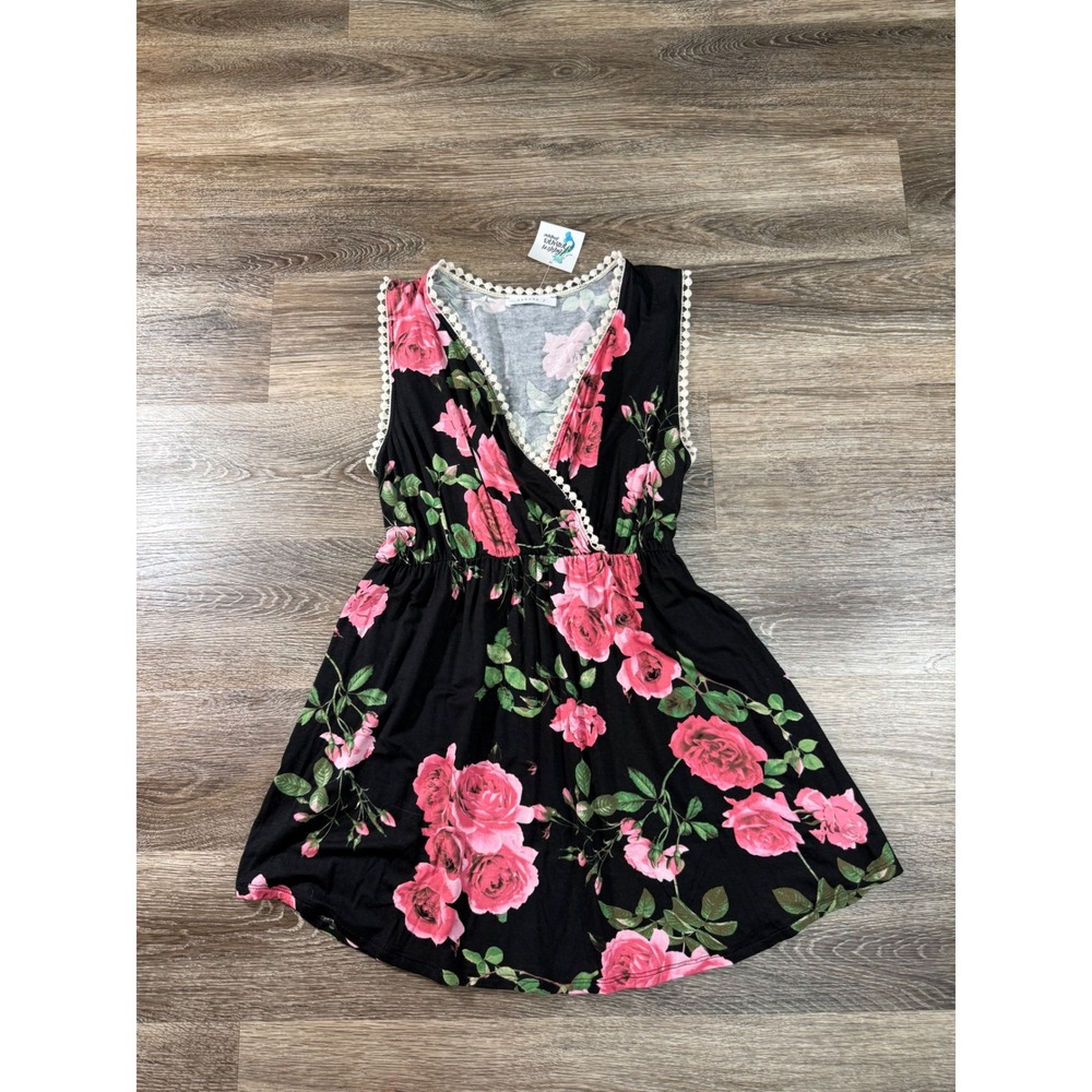 Reborn J Womens Floral V-Neck Mini Dress Black Pink Rose Crochet Trim Medium NEW